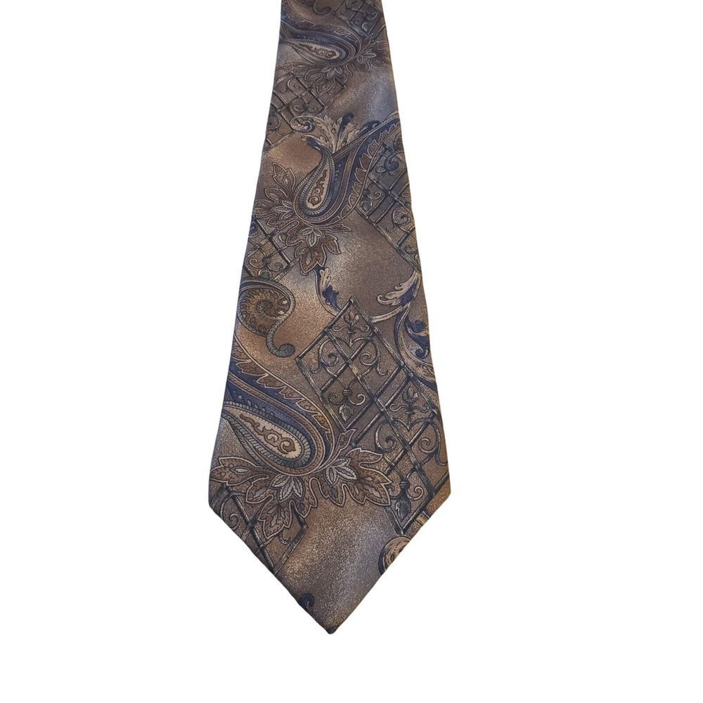 Vintage Arrow Mens Brown Blue Abstract Print 100% Italian Silk Necktie Tie